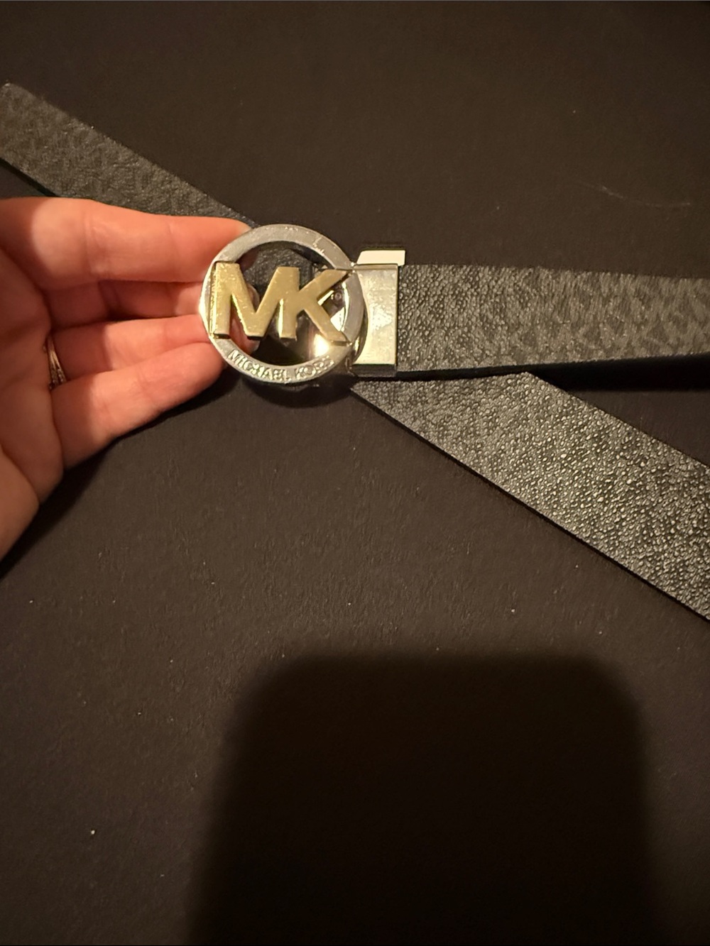Michael Kors Black Leather Belt with Silver and Gold MK Round Buckle